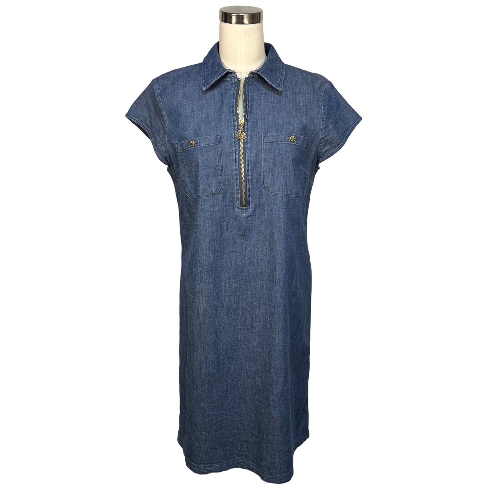 Anne Klein Blue Denim Shift Dress Womens US M 10 Short Sleeve Zip Front‎ Pockets